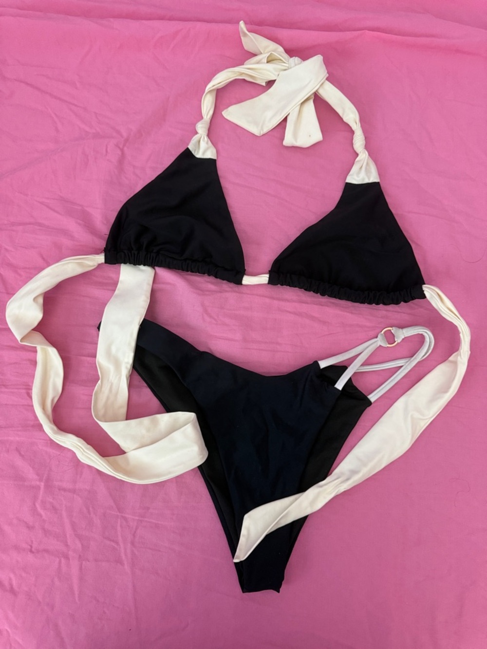White Fox Black and White Tie-Detail Bikini Set